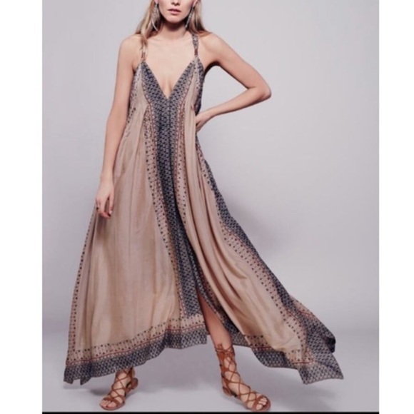 Free People Dresses & Skirts - Free People Merida Printed Beaded Maxi Handkerchief Flowy Boho Festival Dress